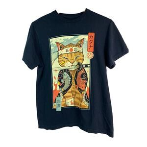 Threadless Size S Black Japanese Art Samuri Warrior Cat T-Shirt *